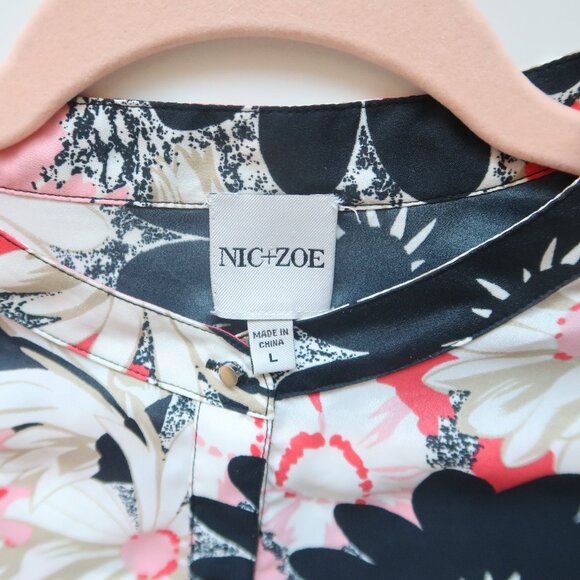 NIC+ZOE Black Pink White Floral Print Button Front Blouse Long Sleeve Size L - Picture 5 of 9
